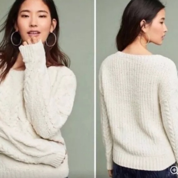 Anthropology sleeping on snow cream plush wool blend cable knit sweater sz small - Picture 2 of 12